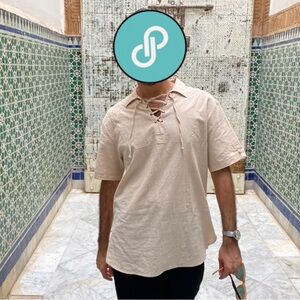 SurfStyle BoHo-style Cream 100% cotton shirt with lace-up neckline.